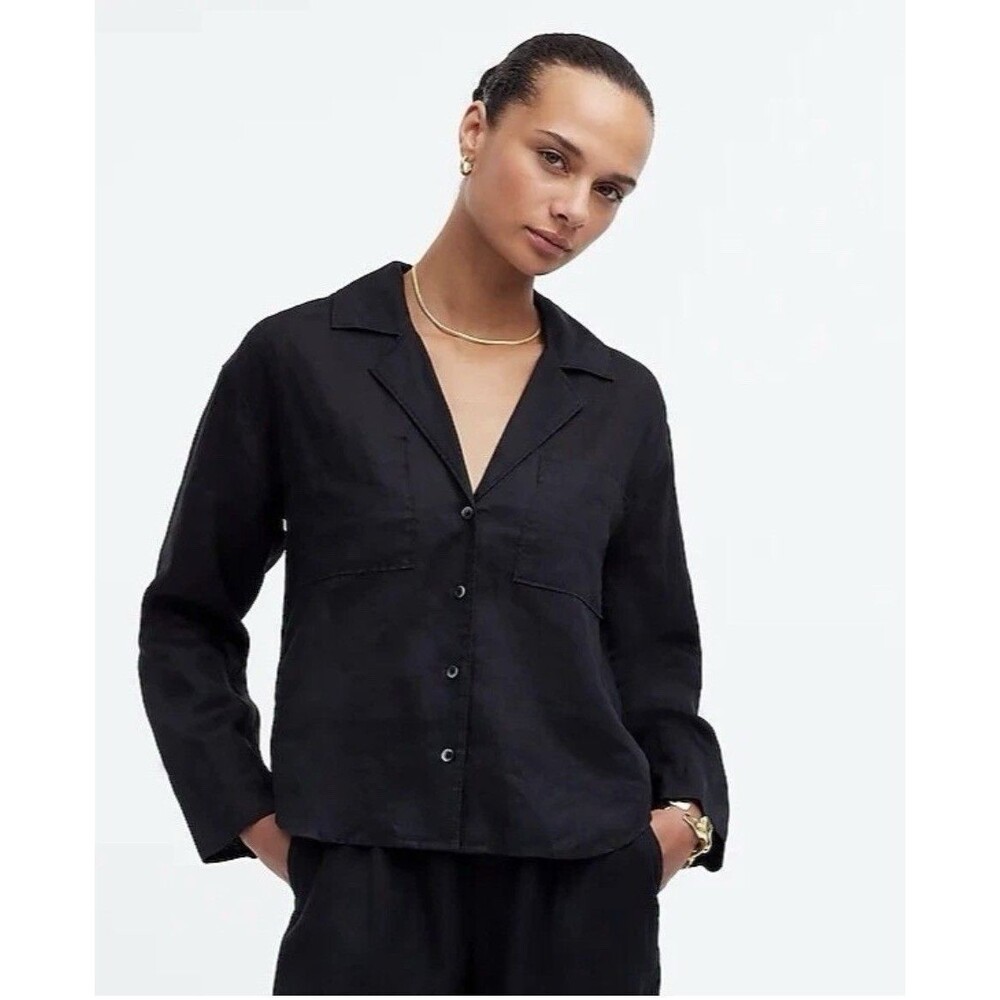 Madewell Resort Long-Sleeve Shirt in True Black Size Medium Minimalist Resort
